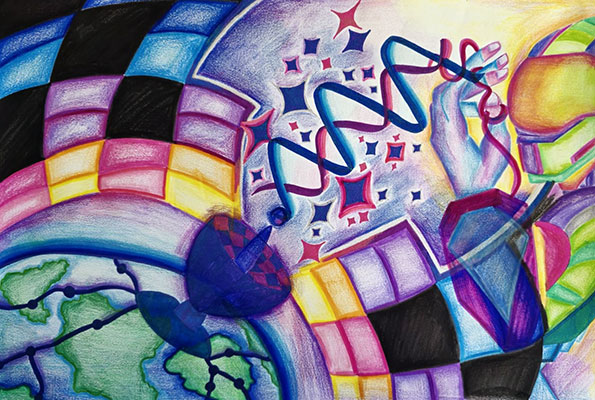 Very colorful, abstract illustration featuring a DSN antenna on Earth sending a signal into space, which is received by the large hand of a figure wearing a helmet.