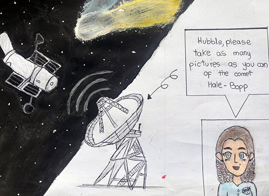 Illustration of a NASA employee using a DSN antenna to send a message to the Hubble telescope. The message reads Hubble, please take as many pictures as you can of the comet Hale-Bopp.