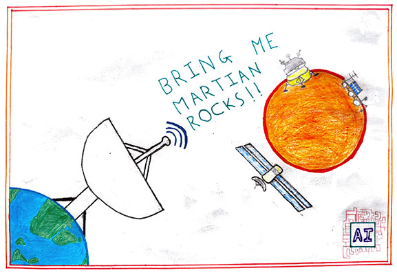 Illustration of an antenna on Earth sending a message to an orbiter, lander and rover on Mars. The message reads Bring me martian Rocks!!