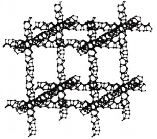 Computer model of a fragment of an energy-intensive water crystal: a) 30/11 helix  in a longitudinal view and its pseudoperiods in b) the form of a lattice with edges  of 30/11 helices with angles between the edges of 90° in [3, 26]