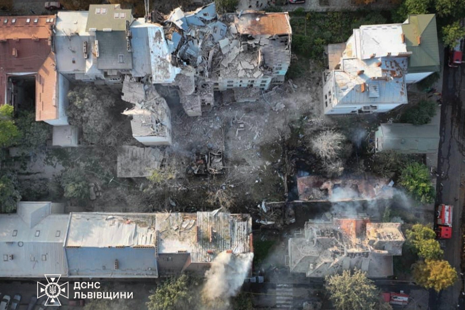 A drone view shows residential buildings heavily damaged during a Russian drone and missile strike in Lviv