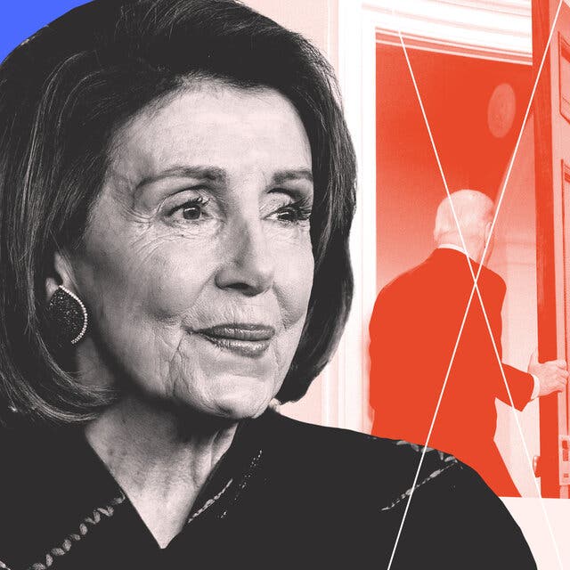 A photo illustration of Nancy Pelosi over a red, white and blue image of President Biden exiting a room.