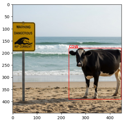 A cow standing on the beach next to a yellow sign that reads 'Warning Dangerous Rip Current' with an illustration of a large wave breaking. A red box outlines the cow, with a label that reads "cow"