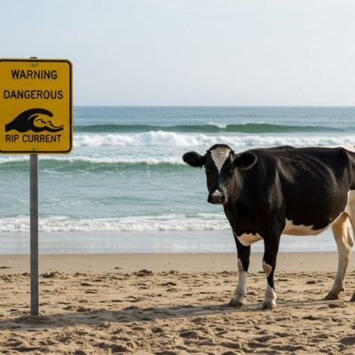 A cow standing on the beach next to a yellow sign that reads 'Warning Dangerous Rip Current' with an illustration of a large wave breaking.