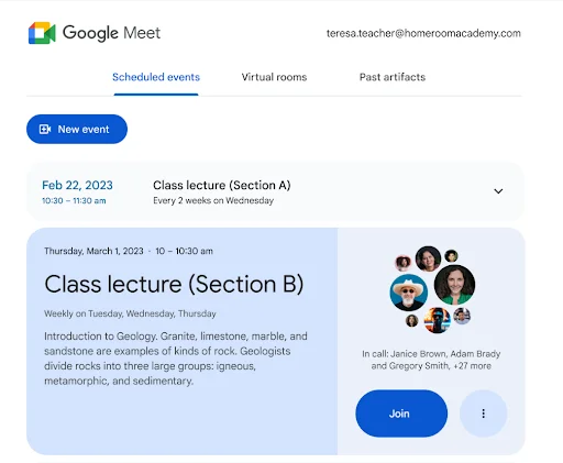 An image of a Learning Management System with a link to join a virtual lecture using Google Meet LTI.