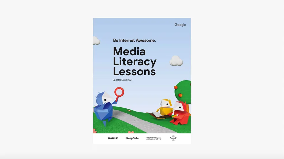 Visual of the new media literacy handbook with characters sitting on the ground reading a book
