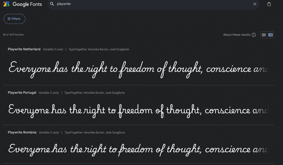Shows a gif scrolling on Google Fonts showing all of the handwriting fonts