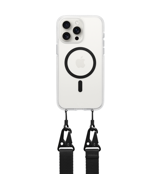 Dos de la coque Crossbody Flex Quartz de Tech21 pour iPhone, anneau MagSafe, bandoulière incluse attachée au bas de la coque