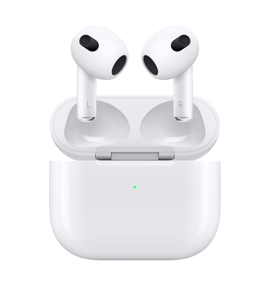 Front view of AirPods (3rd generation) above an open Charging Case, fully charged. 