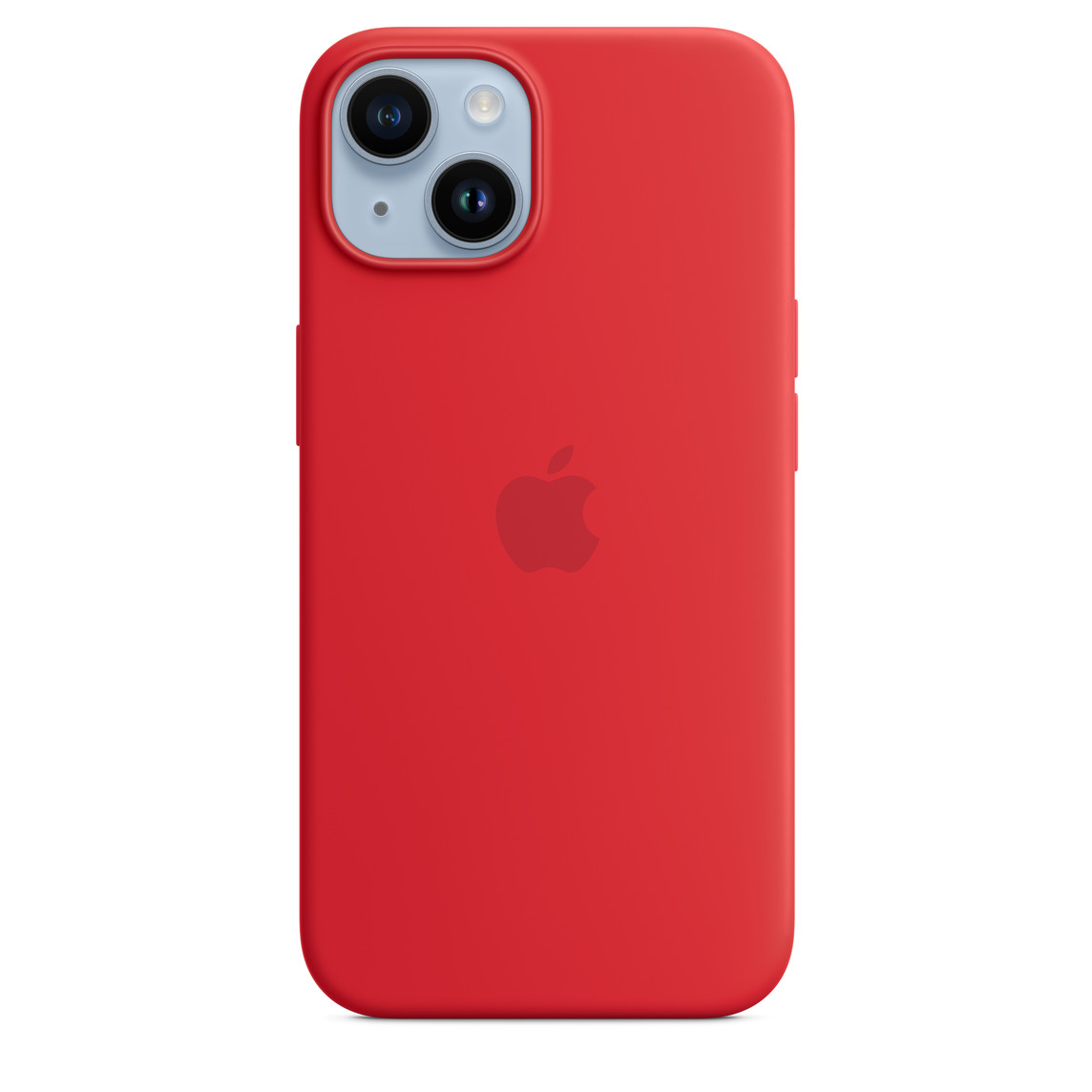 Coque en silicone avec MagSafe en (PRODUCT)RED pour iPhone 14 avec un iPhone 14 en finition Bleu.