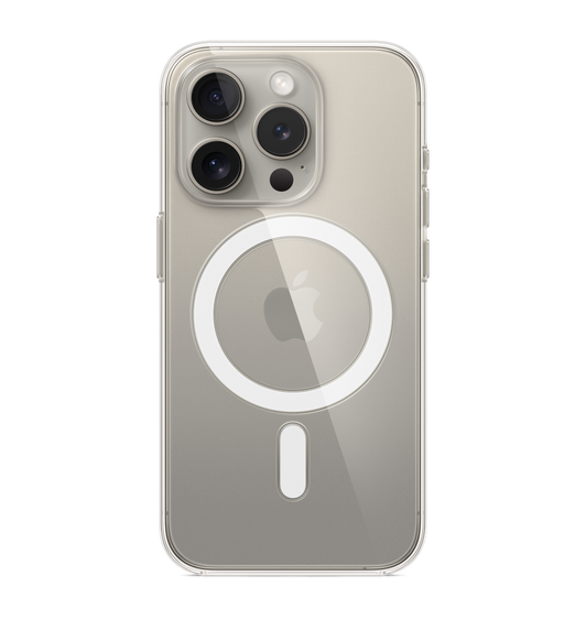 Průhledný kryt s MagSafe na iPhone 15 Pro nasazený na iPhonu 15 Pro z přírodního titanu.
