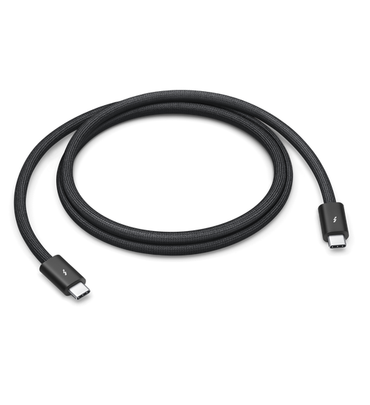 Thunderbolt 4 Pro Cable (1 metre) features a black braided design that coils without tangling, and can transfer data at up to 40 gigabytes per second.