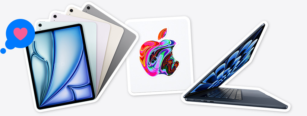 modele iPada Air w kolorze niebieskim, fioletowym, księżycowej poświaty i gwiezdnej szarości pokazane z reakcją Tapback w kształcie serca, naklejka karty upominkowej Apple Gift Card z logo Apple, które jest wypełnione abstrakcyjnym wzorem z wielokolorowych zawijasów, otwarty MacBook Air w kolorze północy 