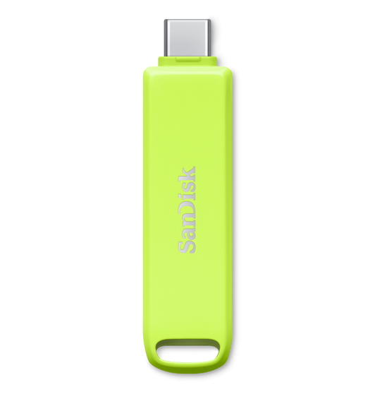 SanDisk® iXpand® Flash Drive Luxe, green, USB-C connector at top, SanDisk logo at center, keyring at bottom