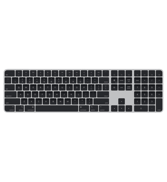 Magic Keyboard with Numeric Keypad in black, featuring an inverted T arrow key layout, and dedicated page up and page down keys.