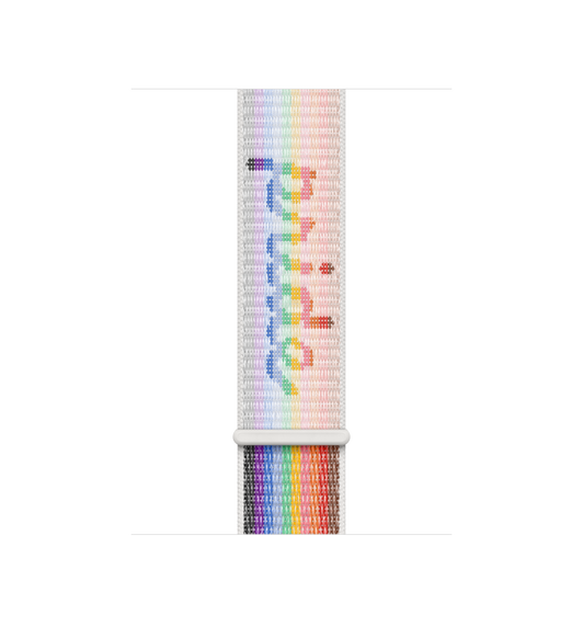 45mm Pride (multicolor) Sport Loop features a hook-and-loop fastener, with the word “pride” woven into the fabric.