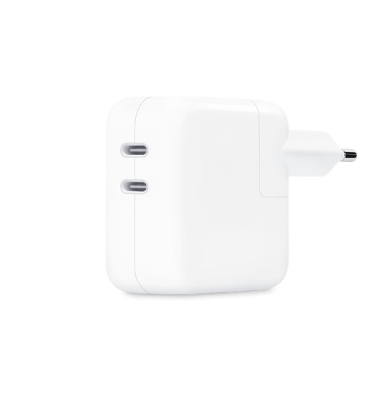 O adaptador de energia USB-C de 35 watts com duas portas permite recarregar dois aparelhos ao mesmo tempo.