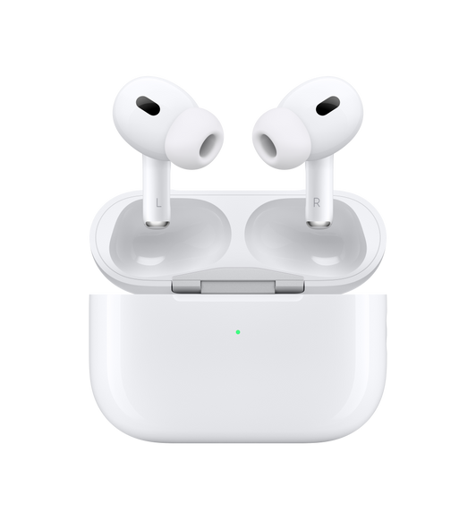 Interior AirPods Pro and MagSafe Charging Case, Right and Left Earbud with Noise Cancelling Microphone at Top of Each Bud, Silicone Tip at End of Each Bud. Top of MagSafe Case Open, Attached by Silver Hinge.