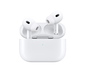 AirPods Pro (2nd generation) in white, short stems, silicone ear tips, exposed speaker holes, Magesafe charging case