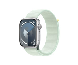 Apple Watch Series 9, Soft Mint Sport Loop, digital crown, side button, screen shows time, UV level, temperature, and Activity Rings data