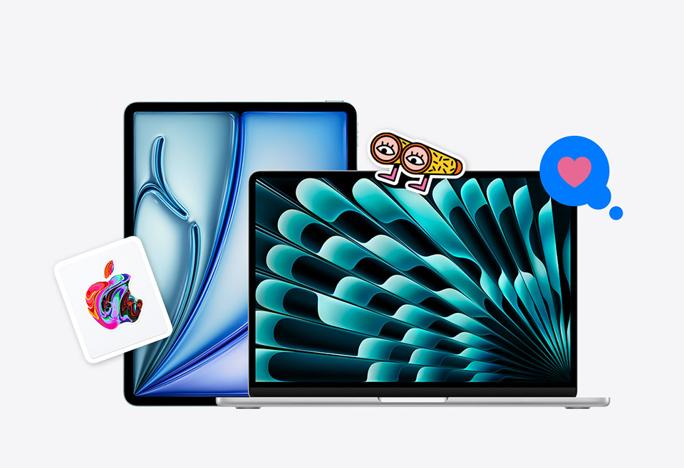 Apple Gift Card, iPad Air in Blue, MacBook Air in Silver, set with a heart tapback and a binoculars with eyes and tiny legs sticker