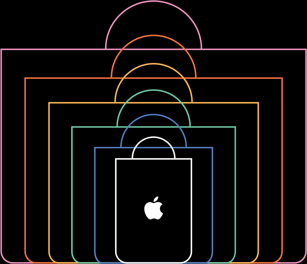 Shopping bag outlines in rainbow colors, expanding in size, Apple logo centered in white