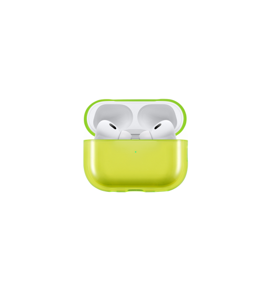 열어 놓은 Tech21 Evo Clear case의 모습. 안에 넣어 충전 중인 AirPods Pro 2세대와 불이 들어온 LED 충전 표시등이 보입니다