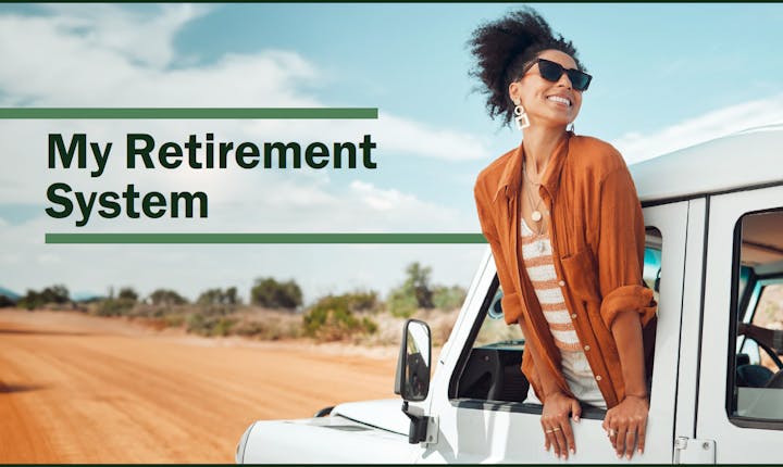 Young woman leaning out of a car window with text "My Retirement System."