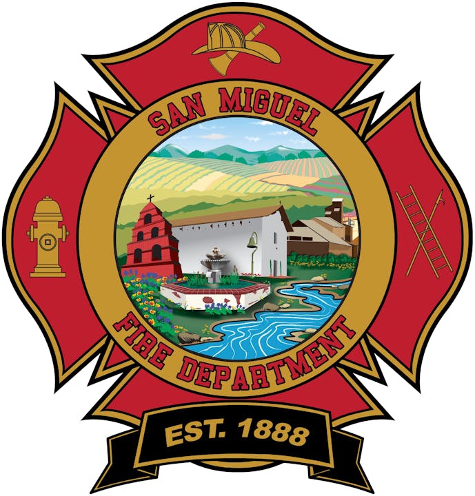 It's the emblem of the San Miguel Fire Department with a fire helmet, hydrant, ladder, mission, and landscape; dated 1888.