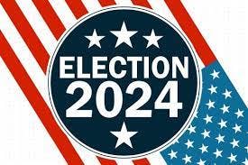 A graphic with "ELECTION 2024," stars, and red and white stripes, indicating an American political event.