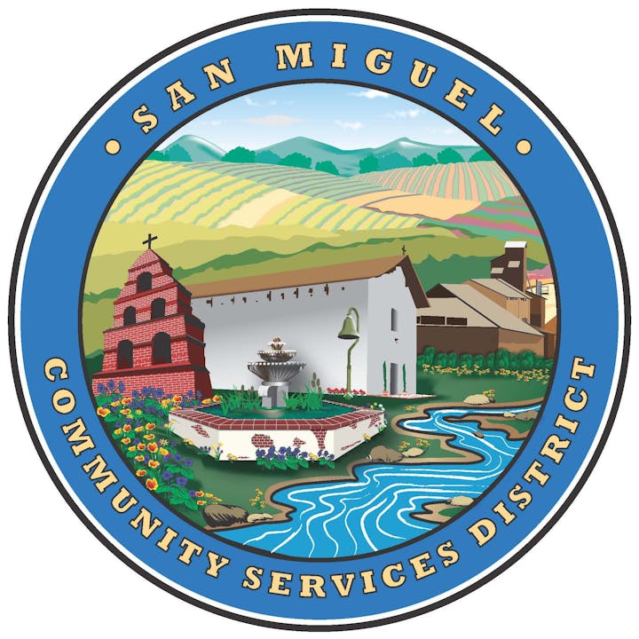 The image shows a seal for "San Miguel Community Services District" with a church, landscape, and fountain.