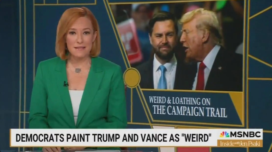 Screenshot from the MSNBC show Inside with Jen Psaki. It features Jen Psaki addressing viewers, with a photo of JD Vance and Donald Trump in the background. The chyron reads: Democrats Paint Trump and Vance as "Weird."