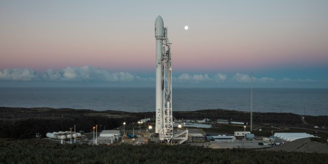 Falcon 9 with 10 Iridium NEXT communications satellites at Space Launch Complex 4E at Vandenberg Air Force Base, California. From January, 2017.