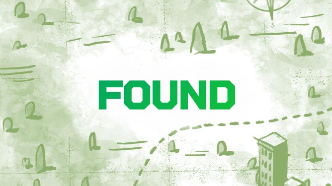 Found podcast logo, Green map drawing with word found in the center