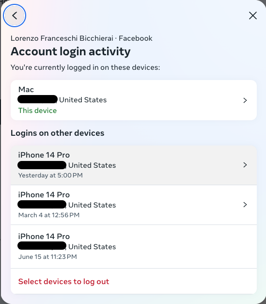 a screenshot of a logged-in Facebook account Account login activity showing recently and all signed in devices attached to that account.