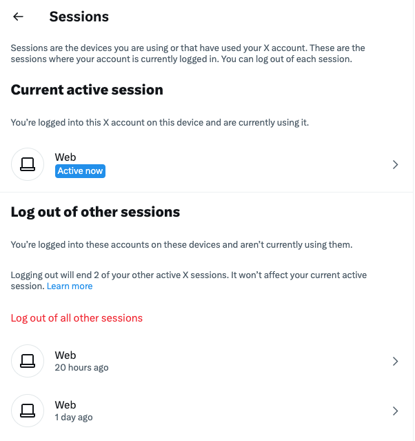 a screenshot showing all the logged in sessions on an X account from the web interface