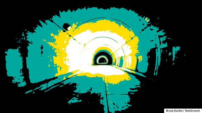 an illustration of an underground tunnel using mostly green, yellow and black, with the tunnel exit in the near distance