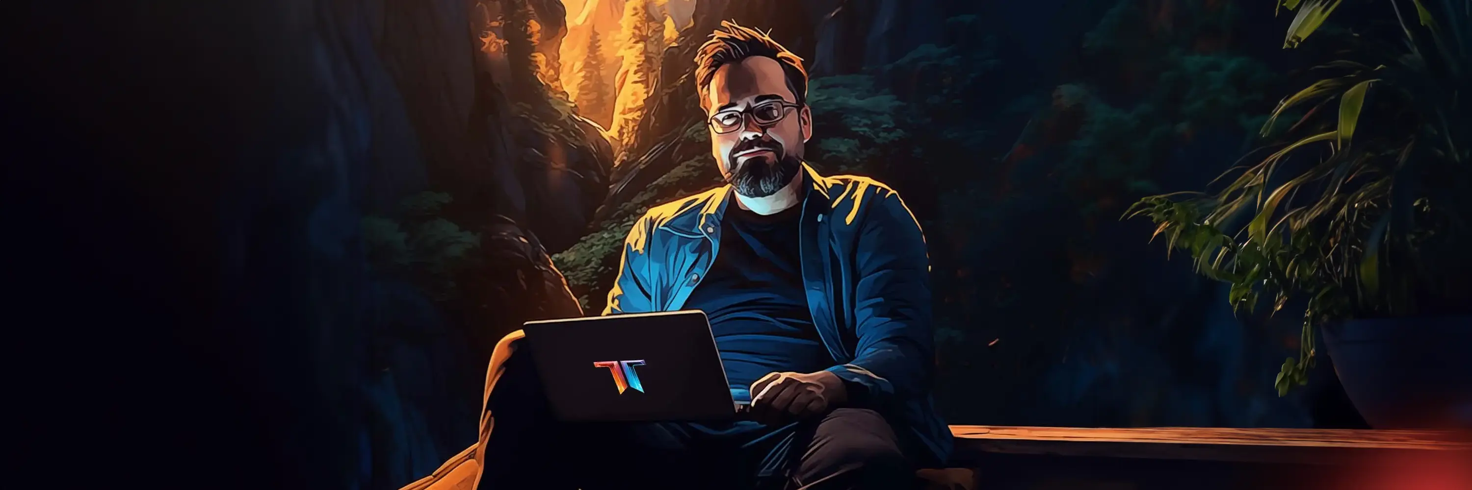 Ted sitting at a computer in Nature