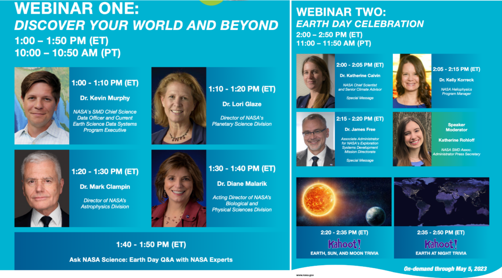 Detailed agenda of Webinars 1 and 2 to be held live on Earth Day. For complete list of events, visit https://eospso.nasa.gov/sites/default/files/publications/2023earthdayspeakers.pdf.