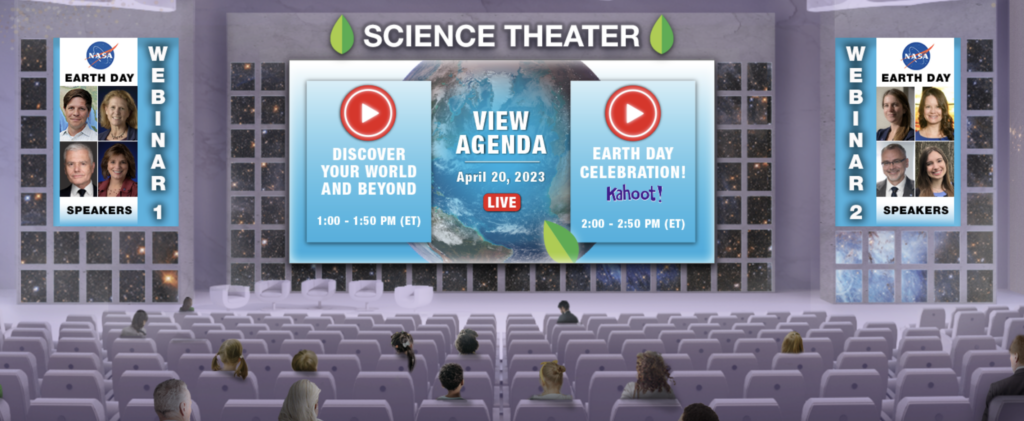 3D virtual auditorium with people seated in chairs in front of three screens, two advertising virtual webinars and the middle showing "Science Theater" and agenda information that will be active on April 20, 2023.