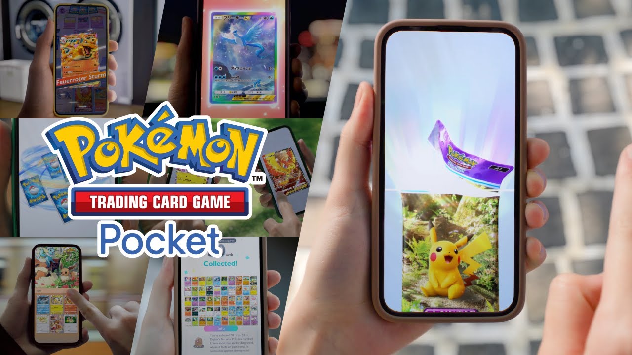 The Pokemon TCG Pocket logo next to an image of someone using the app on their phone.