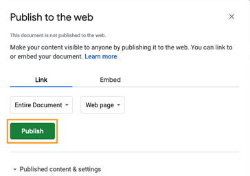 Screenshot of Google Sheets 'Publish to the Web' dialog window