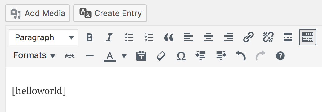Hello world shortcode example in text editor