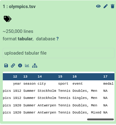 a screenshot of the expanded view of the dataset in the history, it shows the datatype, number of lines in the file, and a preview