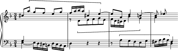 
\version "2.18.2"
\header {
  tagline = ##f
}
upper = \relative c'' {
  \clef treble 
  \key d \minor
  \time 3/4
  \tempo 4 = 66
  %\autoBeamOff
  \set Staff.midiInstrument = #"piano"
  \set Score.currentBarNumber = #27
   
   << { cis8 \[ a' g[ f] e[ g] f16 a bes a cis,4 e~ \] e8 a, d4 c!~ c8 ees  } \\ { s2 s4 r8 \[ d,8 e f g e f16 d cis d bes'4 g \] a  } >>
}

lower = \relative c' {
  \clef bass
  \key d \minor
  \time 3/4
  \set Staff.midiInstrument = #"piano"

   << { g4 } \\ { e4~ e16 d cis b! d cis b a } >>
   d4 r4 r4 r8 \[ a'8 g f e g fis16 a bes a
   << { fis4 \] } \\ { d4 } >>
    
}

\score {
  \new PianoStaff <<
    \set PianoStaff.instrumentName = #""
    \new Staff = "upper" \upper
    \new Staff = "lower" \lower
  >>
  \layout {
    \context {
      \Score
      \remove "Metronome_mark_engraver"
    }
  }
  \midi { }
}
