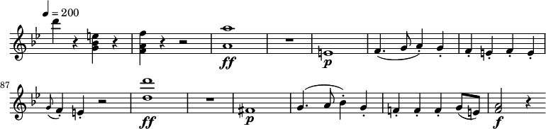 
 \version "2.18.2"
 \relative c'' {
  \key bes \major
  \time 2/2
  \tempo 4 = 200
  \omit Staff.TimeSignature
  \set Score.currentBarNumber = #80
   d'4 r <g,, bes e> r
   <f a f'> r r2
   <a a'>1\ff R1
   e1 \p
   f4. (g8 a4-.) g-.
   f-. e-. f-. e-.
  \grace g8 (f4-.) e-. r2
  <d' d'>1\ff R1
  fis,1\p
  g4. (a8 bes4-.) g-.
  f!-. f-. f-. g8 (e) <a f>2\f r4
}
