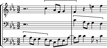 
\version "2.18.2"
\header {
  tagline = ##f
}
global= {
  \time 3/2
  \clef "treble_8"
  \key ees \major
    \set Staff.midiInstrument = #"orchestral harp"
}

dessus = \new Voice \relative c' {
  \set Staff.instrumentName = #""
 
   r2. \[ c4 aes8 f g4 f4\] r4 e'! f~ 
  
  % \addlyrics { Vos- tre-al- lée__ me des }
}

alto = \new Voice \relative c' {
  \set Staff.instrumentName = #""
  \clef bass

   r1. \[ c4 aes8 f g4 f4\]

}

basse = \new Voice \relative c' {
  \set Staff.instrumentName = #""
  \clef bass

  \[ c4 aes8 f g4 f8\] ees  c f ees aes~ aes c c4 bes8 r8 c4

}

\score {
  \new StaffGroup <<
    \new Staff << \global \dessus >>
    \new Staff << \global \alto >>
    \new Staff << \global \basse >>
  >>
  \layout {
    \context {
      \Score
      \remove "Metronome_mark_engraver"
    }
  }
  \midi { }
}
