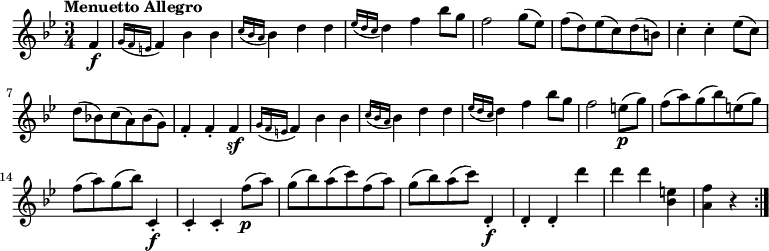 
 \version "2.18.2"
 \relative c' {
  \key bes  \major
  \time 3/4
  \tempo "Menuetto Allegro"
  \tempo 4 = 140
    \partial 4 f4 \f \grace {g16 (f e} f4) bes bes
     \grace {c16 (bes a} bes4) d d
     \grace {ees16 (d c} d4) f bes8 g
     f2 g8 (ees)
     f (d) ees (c) d (b)
     c4-. c-. ees8 (c)
     d (bes!) c (a) bes (g)
     f4-. f-. f \sf
     \grace {g16 (f e} f4) bes bes
     \grace {c16 (bes a} bes4) d d
     \grace {ees16 (d c} d4) f bes8 g
     f2 e8 \p (g)
     f (a) g (bes) e, (g)
     f (a) g (bes) c,,4-. \f
     c-. c-. f'8 \p (a) 
     g (bes) a (c) f, (a)
     g (bes) a (c) d,,4-. \f
     d-. d-. d'' d d 
     <bes, e> <a f'> r \bar ":|."     
}
