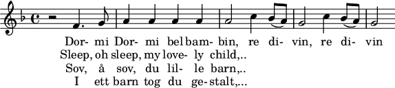 
X:1
M:none
L:1/4
K:f
z2  F3/2 G1/2 | A2/2 A2/2 A2/2 A2/2 | A2 c2/2 (B1/2 A1/2) | G2 c2/2 (B1/2 A1/2) | G2 
w: Dor- mi Dor- mi bel bam- bin, re di- vin, re di- vin
w: Sleep, oh sleep, my love- ly child,..
w: Sov, å sov, du lil- le barn,..
w: I ett barn tog du ge- stalt,...
