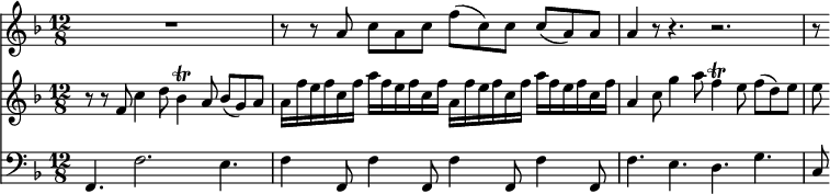 
<< <<
\new Staff { \clef treble \time 12/8 \key f \major 
    \set Staff.midiInstrument = "french horn" \set Score.tempoHideNote = ##t 
    \relative c'' { 
    R1. | r8 r a8 c a c f( c) c c( a) a |
    a4 r8 r4. r2. |
    r8
    }
}
\new Staff { \clef treble \time 12/8 \key f \major 
    \set Staff.midiInstrument = "viola"
    \relative c' { 
    r8 r f c'4 d8 bes4\trill a8 bes( g) a |
    a16[ f' e f c f] a[ f e f c f] a,[ f' e f c f] a[ f e f c f] |
    a,4 c8 g'4 a8 f4\trill e8 f( d) e |
    e8
    }
}
\new Staff { \clef bass \time 12/8 \key f \major 
    \set Staff.midiInstrument = "bassoon"
    \relative c { 
    f,4. f'2. e4. | f4 f,8 f'4 f,8 f'4 f,8 f'4 f,8 | 
    f'4. e d g | c,8
    }
}
>> >>
\layout { indent = #0 }
\midi { \tempo 4. = 60 }
